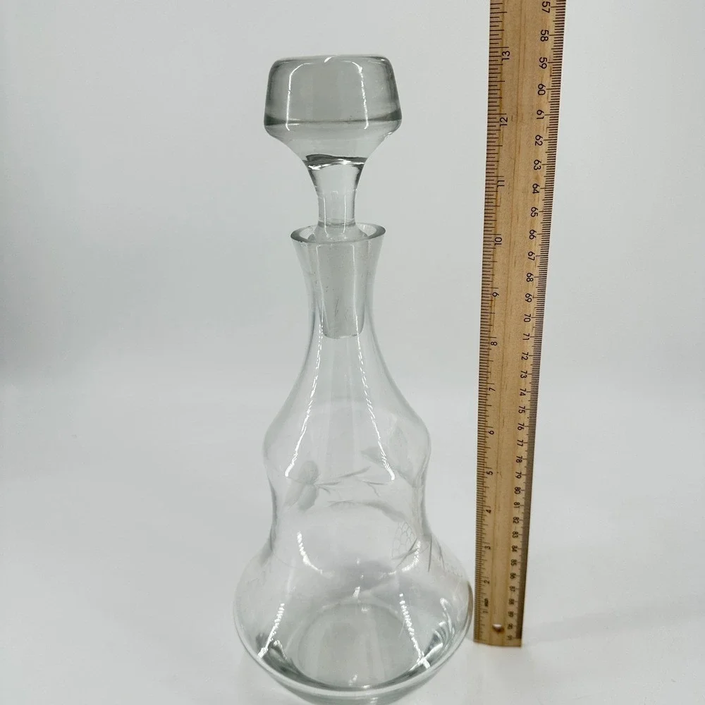 Vintage Etched Glass Decanter with Stopper Grapevine Leaf Pattern Clear 12.5